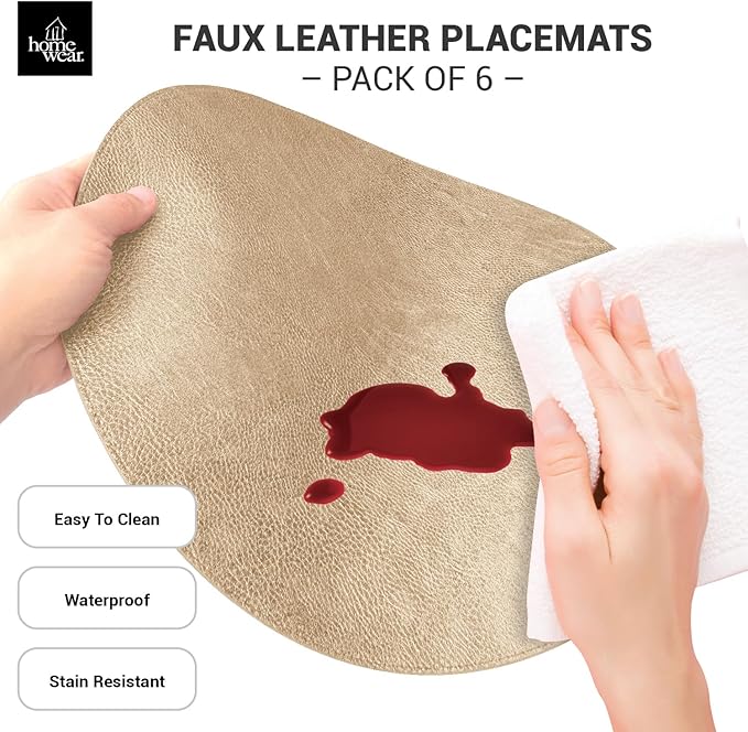 Placemats Set of 6 – Round 15” Faux Leather Table Mats for Dining, Heat Resistant & Non-Slip Washable Table, Indoor, Outdoor, Dining Table Set for 6, Modern Kitchen & Holiday Use, Champagne