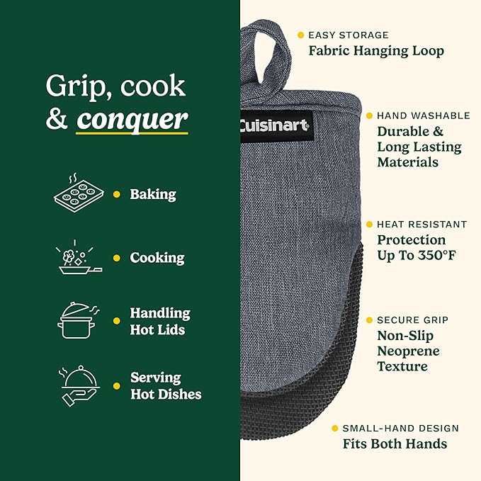 Cuisinart Mini Oven Mitts – 5.5” x 7” Heat-Resistant Kitchen Mitts for Oven with Non-Slip Neoprene Palm, Cotton Filling, and Fabric Loop – Durable Oven Mitt Set for Cooking & Baking (Charcoal)