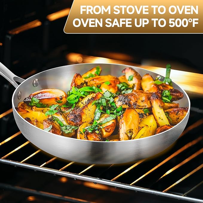 Inqibee 12 Inch Tri-Ply Stainless Steel Frying Pan with Lid and Helper Handle,Skillet,Induction Cooking Pan,Dishwasher and Oven Safe,Detachable Handle.