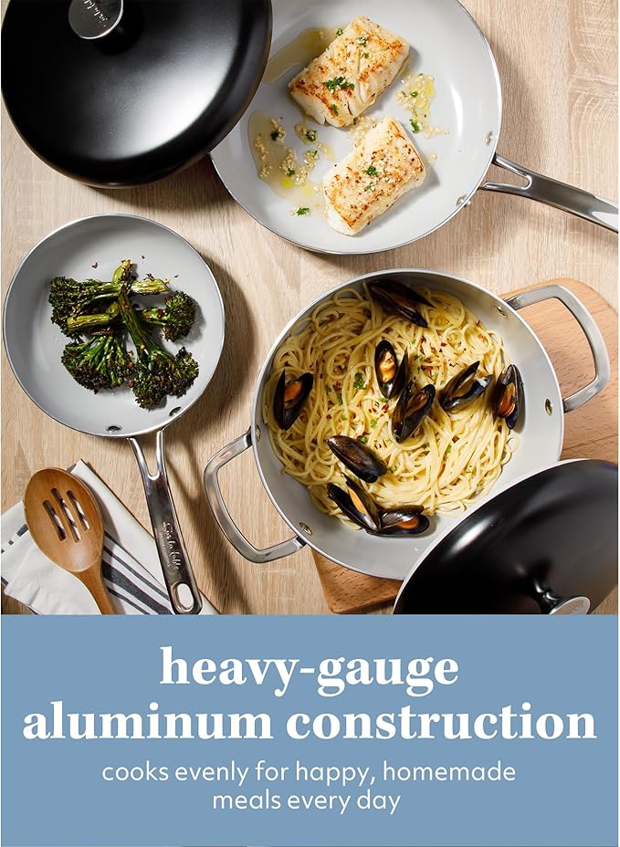 Sur La Table Kitchen Essentials Potluck Porch 10 Piece PFA Free Ceramic Non stick Interior Forged Aluminum Cookware Pots and Pans Set W/Aluminum Lids - Black - Induction Compatible