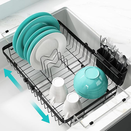 MAJALiS Dish Drying Rack in Sink -Expandable Stainless Steel Over Sink Dish Rack (11.3''-17''), Adjustable Capacity Dish Strainers for Kitchen Sink Counter with Utensil Holder, Black