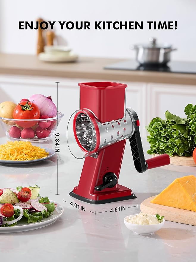 GDL Rotary Cheese Grater Hand Crank - Upgraded Cheese Shredder with 4 Interchangeable Blades, Rotary Grater with Non-slip Suction Base, Easy to Clean Kitchen Grater Slicer Grinder for Vegetable Nuts