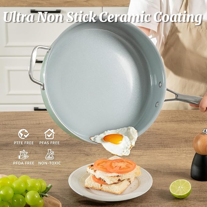 Nonstick Sauté Pan with Lid 5 QT Deep Frying Pan with Stainless Steel Helper Handle 12 inch Large Skillet Ceramic Jumbo Cooker for Healthy Cooking, Induction Compatible Cookware, PFOA Free