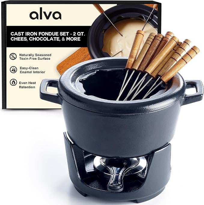 Alva Nori Cast Iron 2-Qt Fondue Pot Set – Made With No PTFE/PFOA/PFAS, Oven Safe – Works on Induction – 3-Layer Enamel, Easy to Clean, No Seasoning Needed – Includes 8 Forks, Burner & Stand