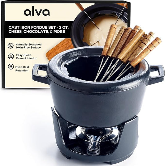Alva Nori Cast Iron 2-Qt Fondue Pot Set – Made With No PTFE/PFOA/PFAS, Oven Safe – Works on Induction – 3-Layer Enamel, Easy to Clean, No Seasoning Needed – Includes 8 Forks, Burner & Stand