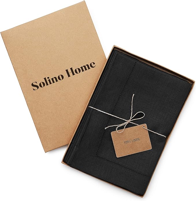 Solino Home Black Linen Napkins Set of 4-100% Pure Linen Hemstitch Dinner Napkins 20 x 20 Inch for Fall, Autumn, Winter, Thanksgiving, Christmas, Holiday - Classic Hemstitch