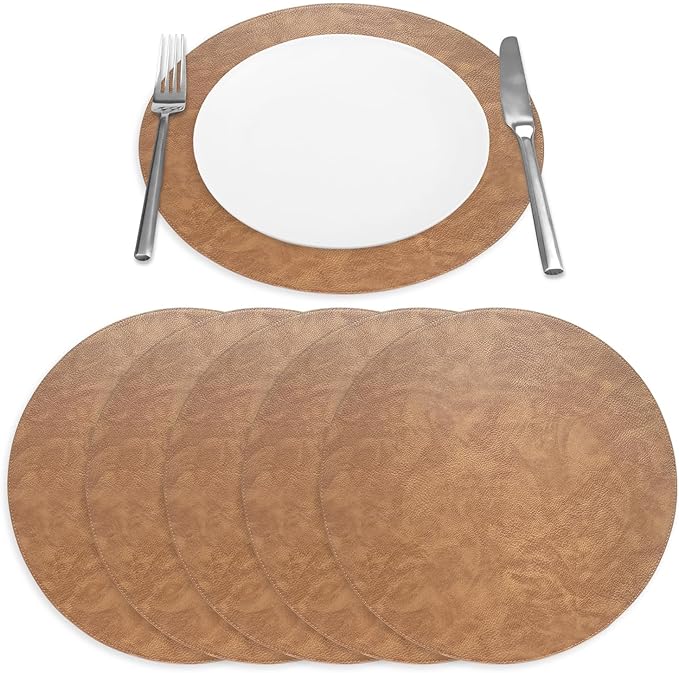 Placemats Set of 6 – Round 15” Faux Leather Table Mats for Dining, Heat Resistant & Non-Slip Washable Table Decor, Indoor, Outdoor, Dining Table Set for 6, Modern Kitchen & Holiday Use, Camel