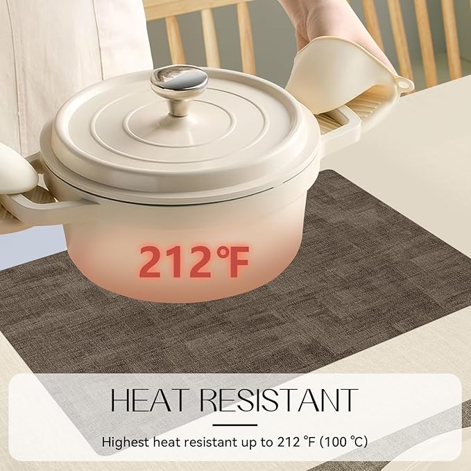 Romanstile Reversible Vinyl Placemats Set of 6, Faux Leather 100% Waterproof Oil-Proof Wipeable Place Mats, Heat Resistant Dual Sided Table Mats for Kitchen/Dining/Party (Grey Brown, 12 x 17 Inch)