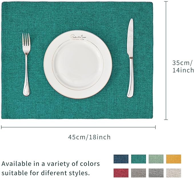 BALCONY & FALCON Placemats Set of 6 Faux Linen Cloth Place Mats Washable Waterproof Wrinkle Resistant Table Placemats for Dining Kitchen Farmhouse Indoor & Outdoor Use(Teal, 13.8”x 17.7”