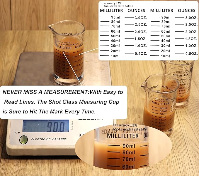 Ackers 3oz/90ml Glass Measuring Cup – Shot Glass with Double Scale-Ounce,Ml Markings for Kitchen & Bar(Pack of 2)