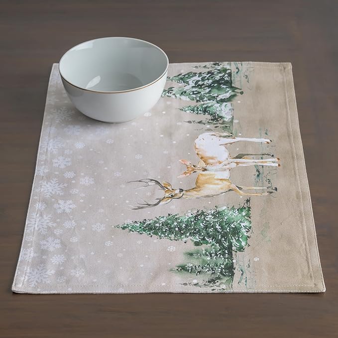 Maison d' Hermine Placemats Set of 4 100% Cotton Washable Cloth Place Mats, Reusable Table Mats for Thanksgiving Christmas Decorations Kitchen Dining Party Wedding (Deer in The Woods, 13" x 19")
