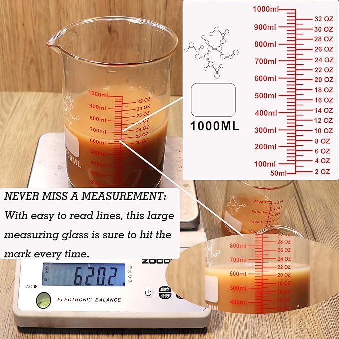 High Borosilicate Glass Measuring Cup Set-V-Shaped Spout,Includes 60ml(2OZ), 120ml(4OZ), 250ml(8OZ), 500ml(16OZ), and 1000ml (32OZ) for Kitchen or Restaurant, Easy to Read