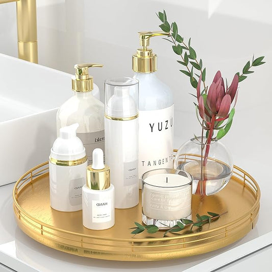 13" Gold Lazy Susan for Table Top, Oak Wood Lazy Susan Turntable Organizer for Dining Coffee Table Centerpiece Bar Decor Kitchen Countertop Bathroom Vanity Decorative Tray for Perfume Jewelry Round