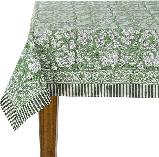 Ridhi Sage Green Hand Block Print Cotton Rectangle Tablecloth 102 x 48 inches Reusable Table Cover Decorative Everyday Use for Dining Room, Farmhouse, Home, Party, Festive & Wedding, Fall