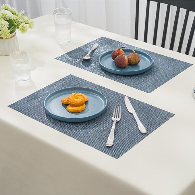 BACKTOEDEN Placemats Set of 6 Heat Resistant Washable Wipeable Placemat Woven Non-Slip Foldable Vinyl/Plastic Place Mats Indoor/Outdoor Mat Kitchen Dining Table Pad, Blue Silver Line