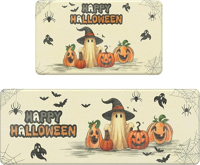 GENIMO Halloween Decorations - Kitchen Mats for Floor, 2PCS Kitchen Rugs, Cushioned Anti Fatigue Mat for Home Decor, Waterproof Non-Slip Comfort Standing Mat for Laundry, 17.3"x47"+17.3"x30", Beige