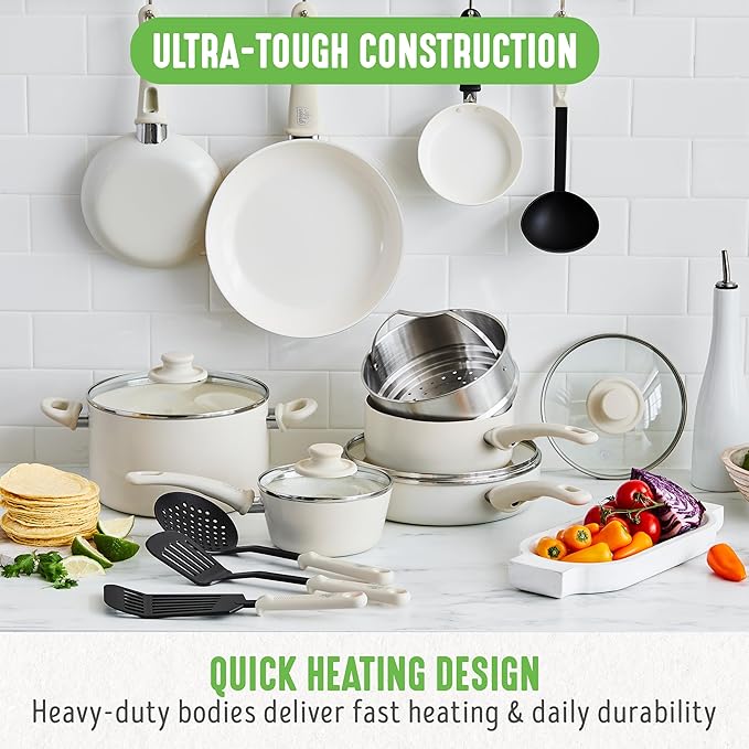 GreenLife Soft Grip 16 Piece Cookware Set, Non-Toxic PFAS-Free Ceramic Nonstick, Frying, Sauce, Saute, Utensils, Glass Lids, Stay-Cool Handles, Wobble Free, Dishwasher & Oven Safe, Cream
