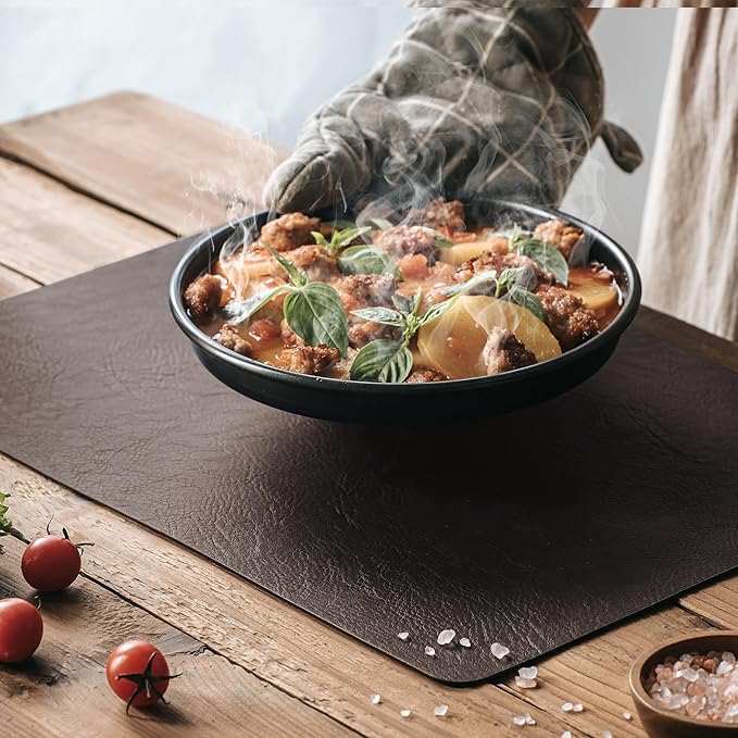 DOLOPL Placemats Set of 8 Reversible Dual-Color Table Placemats – Heat Resistant Wipeable & Brown Placemats, Luxury Faux Leather Table Mats for Vintage Dining Table Decor（Dark Brown & Black）