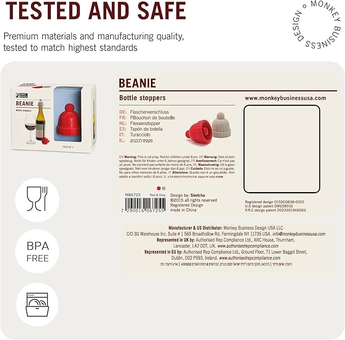 Beanie Cap Decorative Silicone Bottle Stopper in a Gift Box, Set of Two, Novelty Cork, Beverage and Wine Keeper, Champagne Bottle stoppers (Red & Grey)