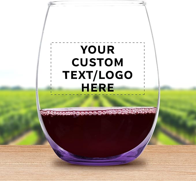 Custom Stemless Wine Glass 9 oz. Set of 100, Personalized Bulk Pack - Great for Wedding Favors, Bachelorette Party Decorations, Party Favors, Color Bottom - Purple
