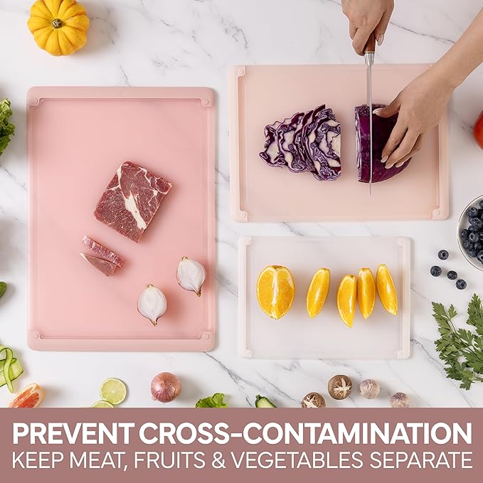 COOK WITH COLOR Extra Large Cutting Board Set, Jumbo-Sized Boards with Rubber Border for Enhanced Cooking Experience, 3-Piece, Pink