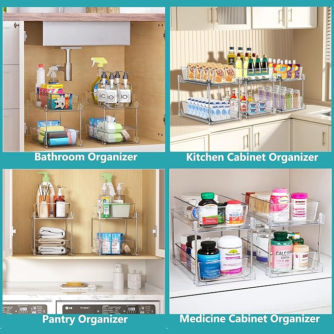 2 Pack Clear Under Sink Organizers, Pull Out Cabinet Organizer,2 Tier Bathroom Storage Organizer,Cabinet Drawers Organization Bins with Track for Kitchen,Pantry,Fridge,Vanity