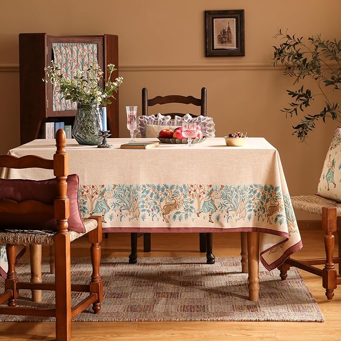 patdrea Designer Beige Tablecloth for Rectangle Tables,Vintage Elegant French Linen with Trees and Kids Pattern Table Cloth,Farmhouse Table Cover Cloth Decor for Kitchen Dining Christmas,63"*94"