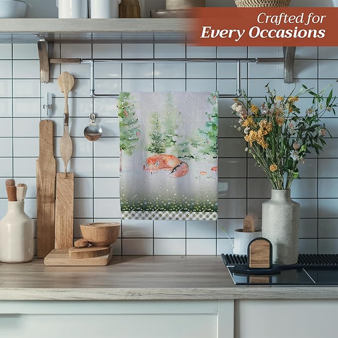 Maison d' Hermine Kitchen Towels Set of 3 100% Cotton 20" x 27.5" Reusable Cloth Tea Dish Towels Absorbent with Hanging Loop for Kitchen Dining Thanksgiving Christmas Decorations (Winter Mornings)