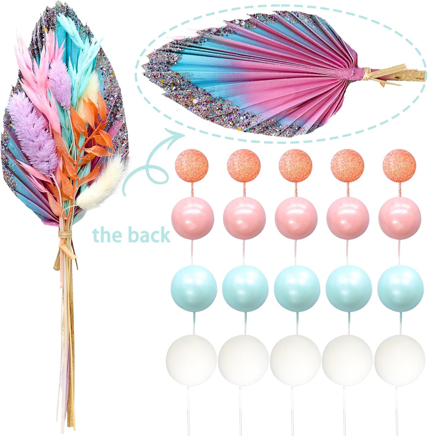 Gyufise 21 Pack Flower Boho Cake Topper Ball Cake Decorations Palm Leaves Plants Cake Decor for Girl Bohemian Princess Theme Wedding Baby Shower Birthday Party Supplies Pink Blue