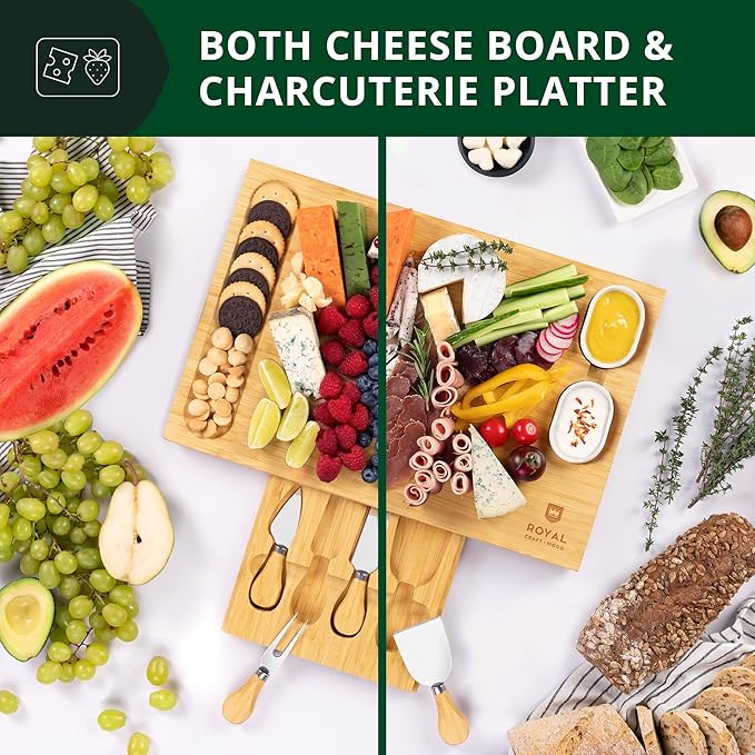 ROYAL CRAFT WOOD Bamboo Cheese Board and Knife Set with Charcuterie Board & Serving Tray with 4 Stainless Steel Knife & Thick Wooden Server with Bowls and Serveware Accessories