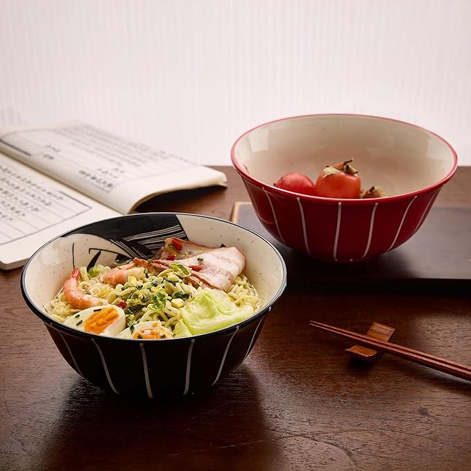 Ramen Bowl Set 45oz, 8inch, Japanese Ukiyo-e Design - Perfect for Ramen, Pho, and Noodles-Durable Ceramic Bowls, Microwave & Dishwasher Safe-Ramen Noodle Bowl Set (Samurai & Geisha)