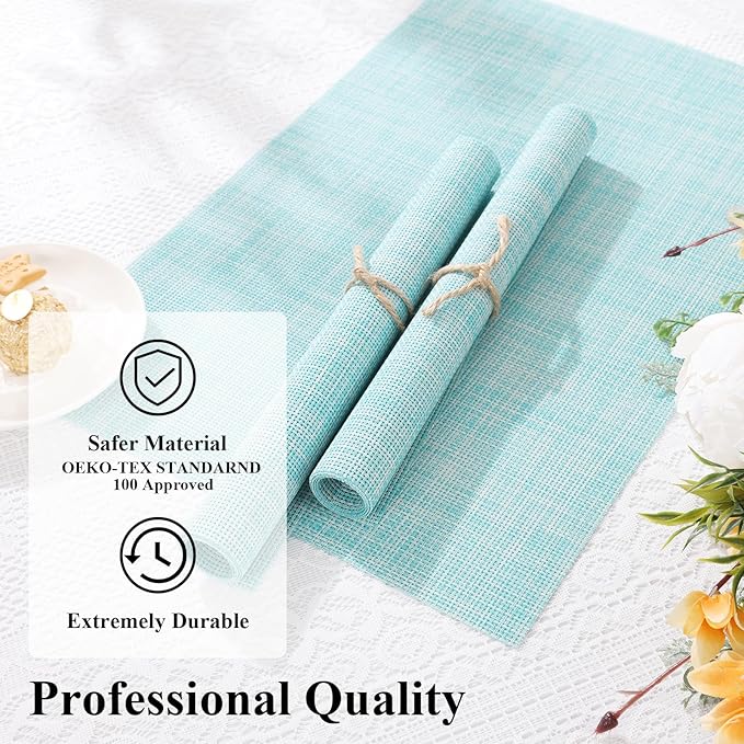 SHACOS Placemats Set of 6 Woven Vinyl Place Mats Wipeable Heat Resistant Washable Table Mats Indoor Outdoor, Blue