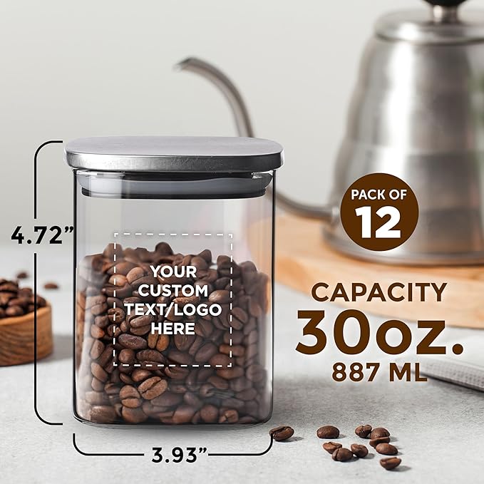 DISCOUNT PROMOS Custom Branson 30 oz. Square Storage Jars Set of 12, Personalized Bulk Pack - Durable Kitchen Organization, Home Decor Essentials, Food Storage Solutions - Clear