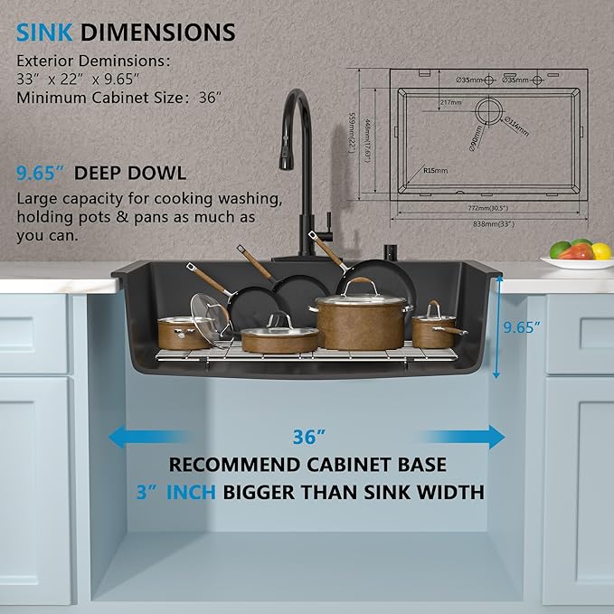 33 Granite Composite Kitchen Sink - Fulorni 33"×22" Granite Kitchen Sink Drop In Topmount Matte Black Quartz Classic Over Mount Single Bowl Sink Basin