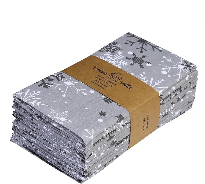 Urban Villa Christmas Dinner Napkins Grey Snowflake Print Cloth Napkins Set of 12 Size 20x20 Inches 100% Cotton Dinner Napkins for Christmas Celebrations Wedding Parties Everyday use Soft Quality