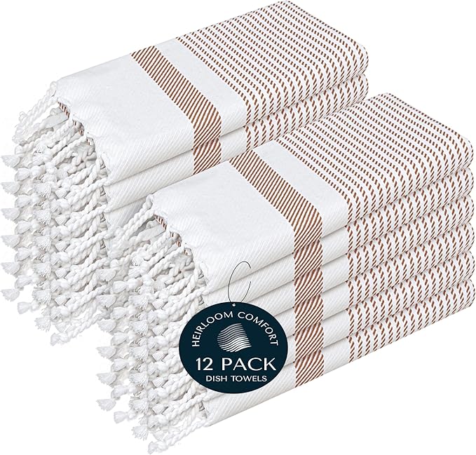 Brown Turkish Kitchen Towels 16x26 Inch, 12 Pack, 100% Cotton, Ultra Absorbent, Soft, Fast Dry, Machine Washable, Dish Towel with Tassels for Drying Dishes, Cleaning, Everyday Use