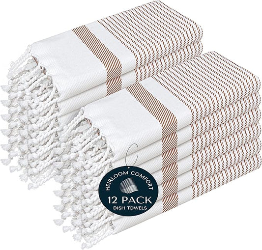 Brown Turkish Kitchen Towels 16x26 Inch, 12 Pack, 100% Cotton, Ultra Absorbent, Soft, Fast Dry, Machine Washable, Dish Towel with Tassels for Drying Dishes, Cleaning, Everyday Use