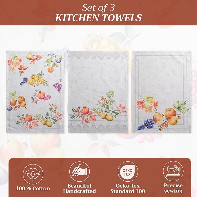 Maison d' Hermine Kitchen Towels Set of 3 100% Cotton 20" x 27.5" Reusable Cloth Tea Dish Towels Absorbent with Hanging Loop for Kitchen Dining Thanksgiving Christmas Decorations (Fruit D'Hiver)
