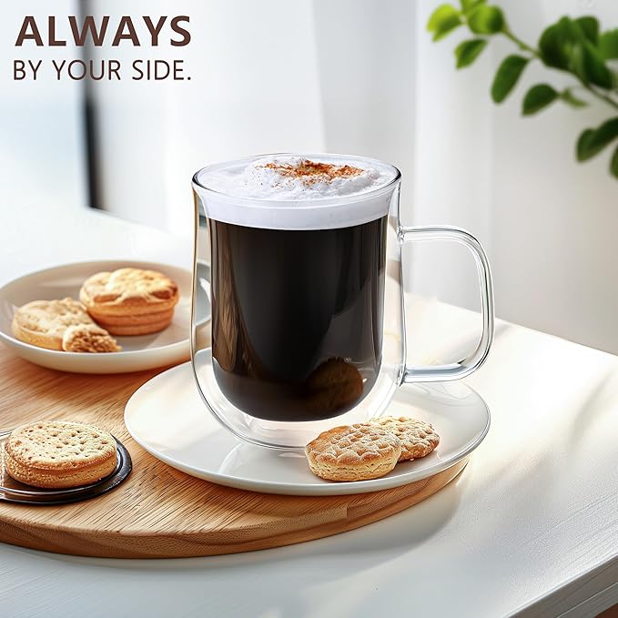 Double Walled Glass Coffee Mugs 16 OZ, Borosilicate Glass Coffee Cups Set of 4 with Spoons, Insulated Clear Coffee Mug for Hot Beverages, Cappuccino, Latte, Tea Bag.