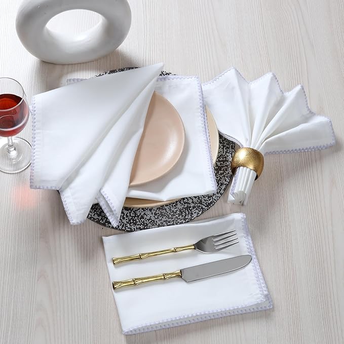 Bedding Craft Cotton Cloth Dinner Napkins Set of 12 – 18x18 Lavender Blue Napkins with Colored Edge Embroidery – Washable Fabric Napkins for Wedding Table Décor, Restaurants, Events & Everyday Dining