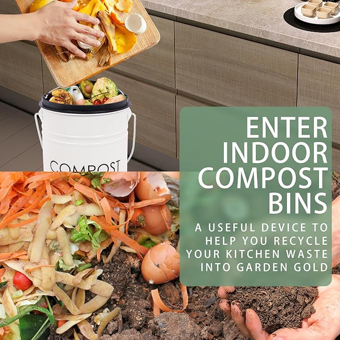 Vipush Compost Bin with Lid Small Countertop Compost Bin includes Inner Liner & 3 Charcoal Filters, White