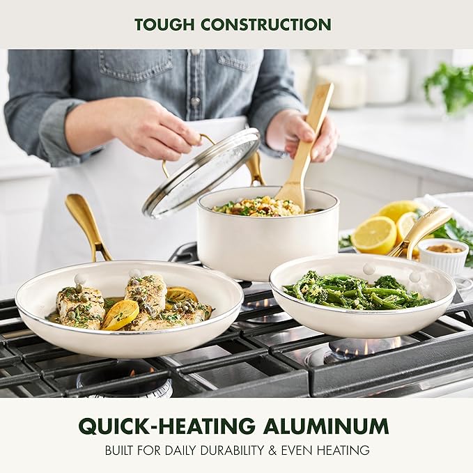 GreenPan 12 Piece Nonstick Swift Cookware Set, Ceramic PFAS-Free Pots & Pans with Lids, Dishwasher & Oven/Broiler Safe to 600F, Kitchen Cooking Set, Sauce, Saute, Stock, Frying Pans, Cream