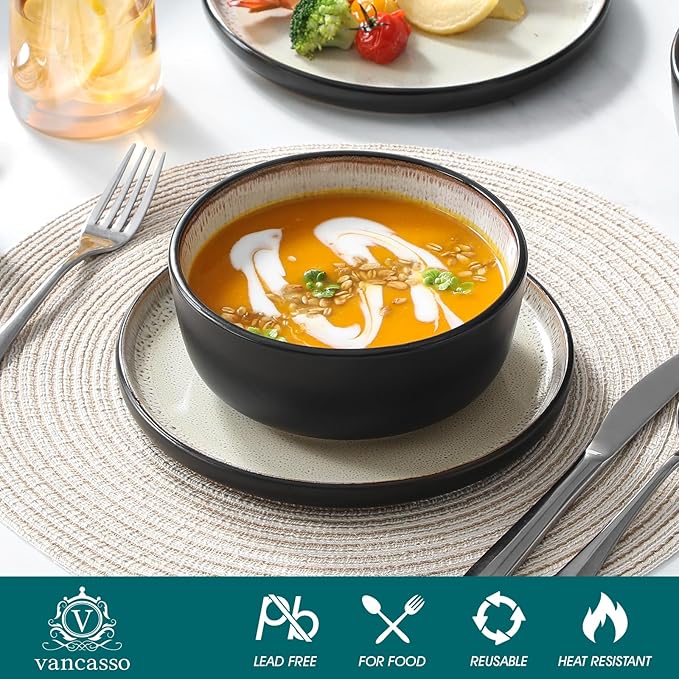 vancasso Plates and Bowls Sets, 18 Pieces Stoneware Dinnerware Sets for 6, Kitchen Dish Set Mircowave and Dishwasher Safe Dinner Set Ceramic Dishware, Light Cream, Series AMBER