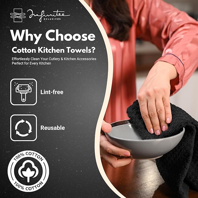 Infinitee Xclusives Premium Kitchen Towels – Pack of 3, 100% Cotton |15 x 25| Inches Absorbent Dish Towels - Terry Kitchen Dishcloth Towels - Black Dish Cloth for Household Cleaning