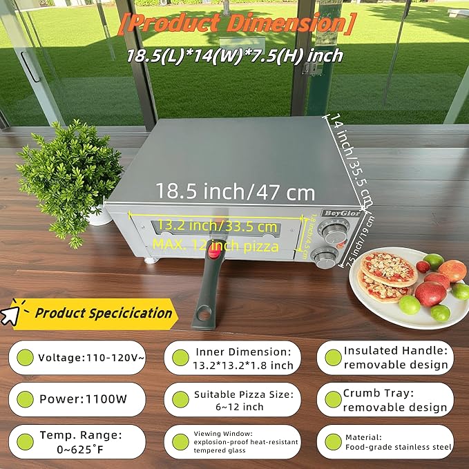 12 Inch Electric Pizza Oven Indoor, Countertop Pizza Oven with Visual Window, Commercial Pizza Maker with Removable Handle, Stainless Steel Pizza Cooker (Silver)