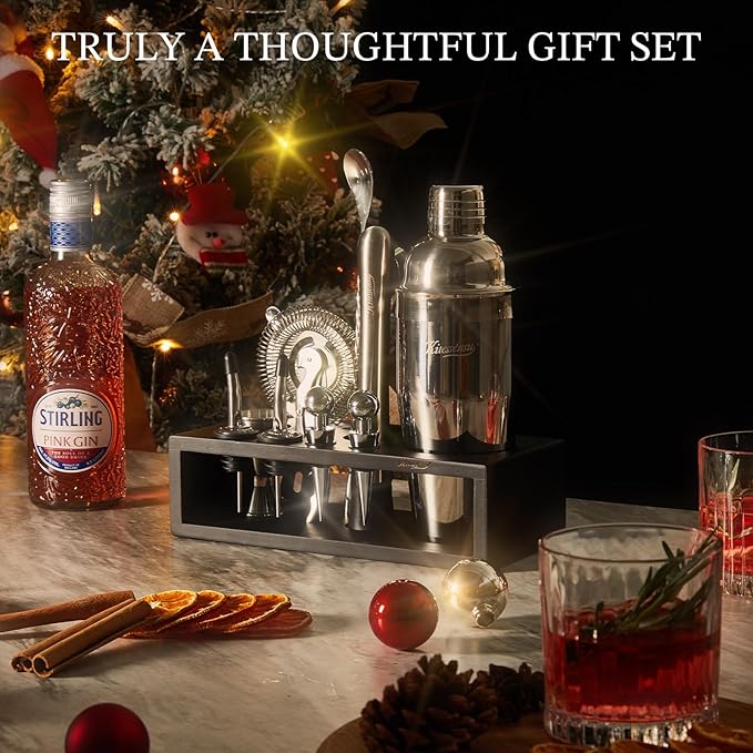 KITESSENSU Cocktail Shaker Set with Stand | Mixology Bartender Kit Bar Set with Essential Bar Accessories for Home Bar: Martini Shaker, Jigger, Muddler, Bar Spoon | Drink Mixer Cocktail Kit