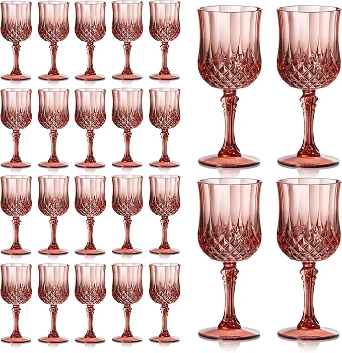 XUWAIDSGN 24 Pcs 7oz Plastic Vintage Wine Glasses Drinking Glasses Unbreakable Wedding Glassware Crystal Water Goblets Reusable Drinkware Vintage Champagne Flutes (24, Rose Gold)