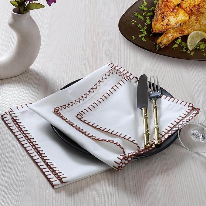 Bedding Craft Cotton Cloth Dinner Napkins Set of 12 – 18x18 Chili Oil Red Cloth Napkins with Blanket Stitch Selvedge – Washable Fabric Napkins for Wedding Tables, Banquets, Parties & Restaurants