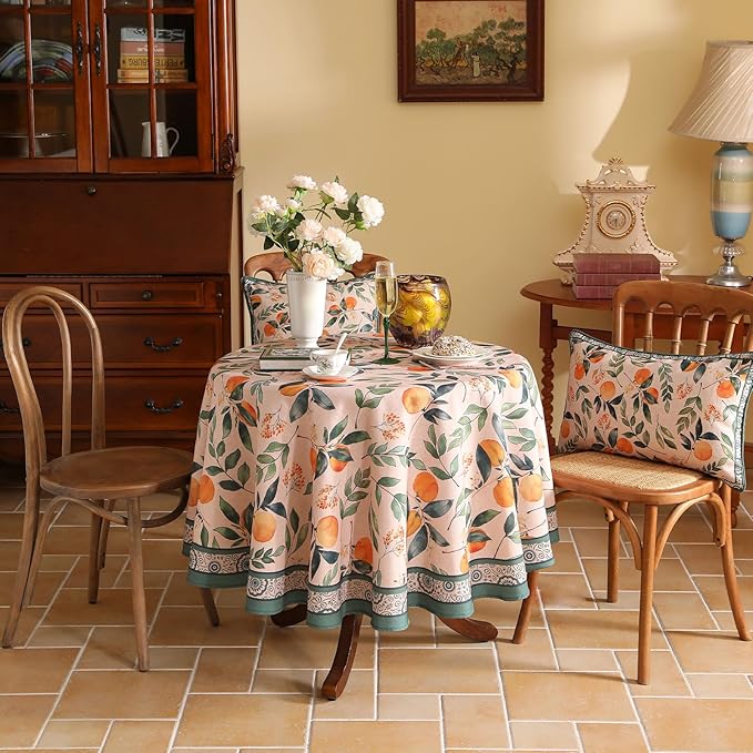 patdrea Designer Orange Tablecloth for Round Tables,Framhouse Linen Oranges and Leaves Tree Pattern Linen Tablecloth,Fall Fruit Table Cover Cloth Decor for Kitchen Dining Christmas,Diameter 67"