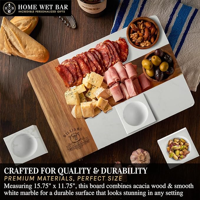 Personalized Charcuterie Board Gift Set | Custom 15.75" x 11.75" White Marble & Acacia Wood Cheese Board with Serving Bowls | Perfect Housewarming + Wedding + Couples Gift Idea